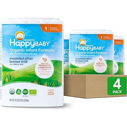 Happy Baby Organics Stage 1 Infant Formula, 0-12 Months, Milk Based Organic Baby Formula Powder with Iron, Probiotics & Prebiotics for Immune & Digestive Support, 22.9 Ounce (Pack of 4)