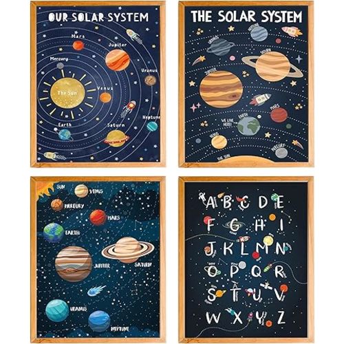 BearCake Space Nursery Decor, Solar System Outer Space Planet Alphabet Poster Prints Wall Art Decor for Classroom Toddler Kids Room Playroom Nursery, 12x16 Inches Set of 4 Unframed