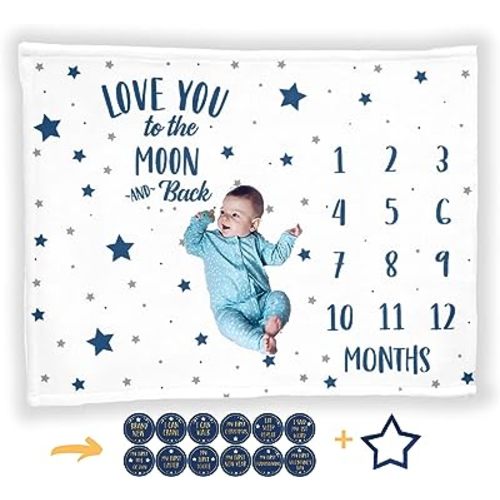Baby Monthly Milestone Blanket with 12 Stickers, First Year Calendar Monthly Growth Tracker, Baby Boy Month Blanket, Stars Moon Nursery, I Love You to The Moon and Back, Baby Boy Shower Gift (50"x40")