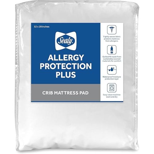 Sealy Baby Allergy Protection Plus Fitted Waterproof Infant Crib Mattress Protector Pad and Toddler Bed Cover, Durable & Comfortable Topper, Machine Washable and Dryer Friendly, 52” x 28”- White