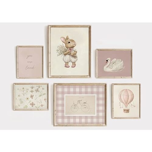 6Pcs Pink Nursery Girl Canvas Wall Art Antique Cute Animal Rabbit Swan Flowers Vintage Girls Room Paintings Pictures Wall Decor Poster Print Artwork for Kid Baby Girls Bedroom Unframed