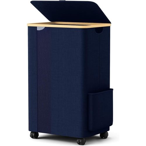 BlissTotes Laundry Basket Laundry Hamper with Lid, Collapsible Laundry Hampers, Laundry Bin, Clothes Hamper Basket with Internal Support & Wheels & Handles for Bathroom, Bedroom (100L, Navy Blue)