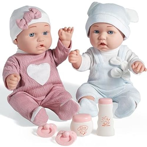 Enjoyin 12'' Twins Baby Doll Playset with Accessories Includes Boy and Girl Dolls, 2 Powder Bottles, and 2 Pacifiers, Ideal Gift for Children Age 3+