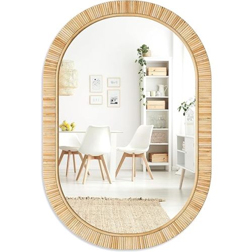 Barnyard Designs Rattan Bathroom Mirror – Rustic Farmhouse Style Handmade Wicker Rattan Frame - Boho Mirror for Nursery Wall Décor (20" x 30", Oval)