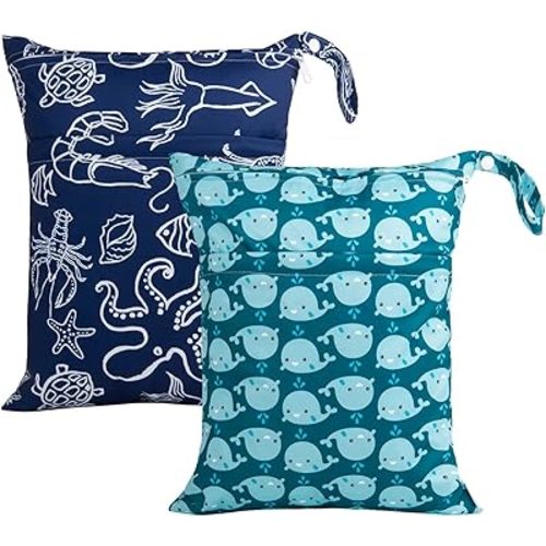 ALVABABY Wet Dry Bags with Two Zippered Pockets 2pcs Travel Beach Pool Daycare Soiled Baby Reusable Waterproof Yoga Gym Bag for Cloth Diaper Swimsuits Wet Clothes Sets