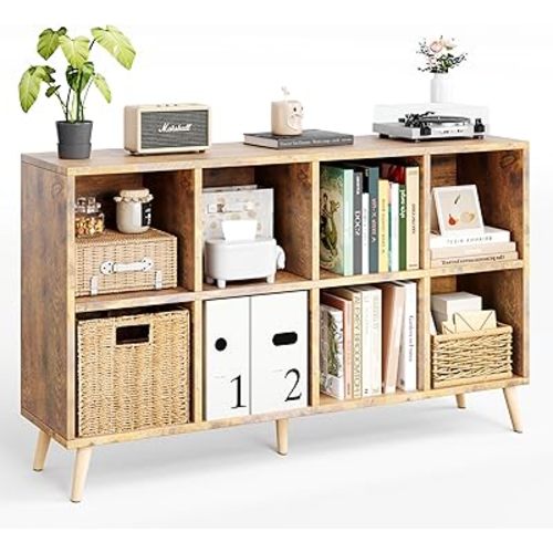 8-Cube Bookshelf 2 Tier Retro Bookcase with Legs, 11in Shelf Opening, 47" Wood Bookshelves Storage Organizer Shelf, Freestanding Open Book Shelves for Bedroom Living Room Office, Rustic Brown