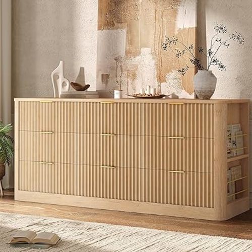 Fluted Dresser for Bedroom with 9 Drawers, 57" Wide Modern Chest of Drawers with Solid Wood Legs, Wooden Dresser TV Stand, Closet Clothes Storage Organizer for Living Room, Hallway, Natural