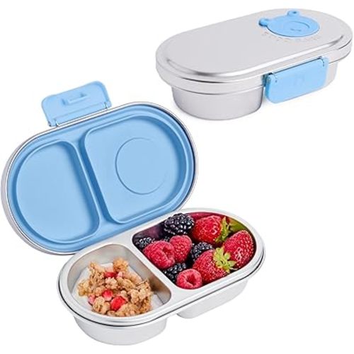 Good Bare Stainless Steel Snack Container for Kids – 2 Compartment Metal Bento Box, Leakproof, Non-Toxic, Easy-Open Latch, Dishwasher Safe, Small Snack Pack, Perfect for On-the-Go (Sky Blue)