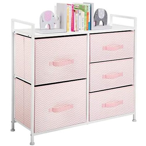 mDesign Wide Dresser Storage Tower Furniture - Metal Frame, Wood Top, Easy Pull Fabric Bins - Organizer for Kid's Bedroom, Hallway, Entryway, Closets, Dorm - Chevron Print, 5 Drawers - Pink/White