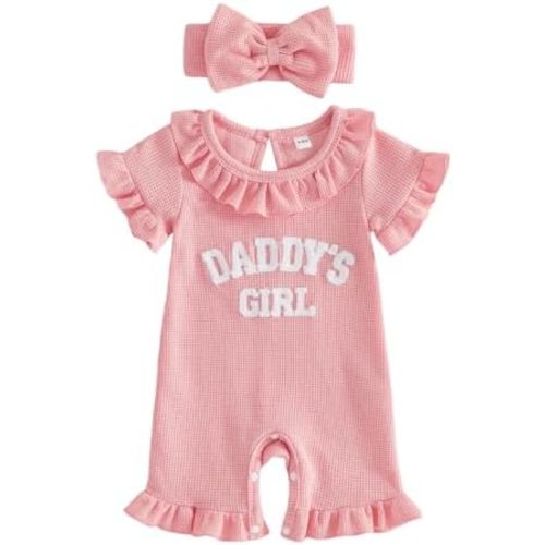 Tsultryofs Baby Girl Romper Newborn Infant Summer Jumpsuit Letter Embroidery Ruffle Crew Neck Romper with Headband
