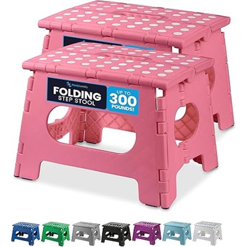Handy Laundry Folding Lightweight Step Stool is Sturdy Enough to Support Adults and Safe Enough for Kids. Opens Easy with One Flip. Great for Kitchen, Bathroom or Bedroom. (Pink | 2-Pack)