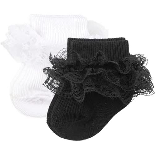 2 Pack Baby Girls Socks Eyelet Ruffle Lace Baby Socks Newborn Infant Toddler Dress Socks Frilly Ruffle Socks for Girls