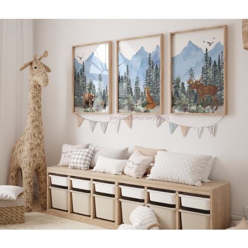 Woodland Animal Print, Forest Nursery, Mountain Nursery Art, Adventure Theme Nursery, Tree Nursery, Boy Nursery Decor, Woodland Nursery Art