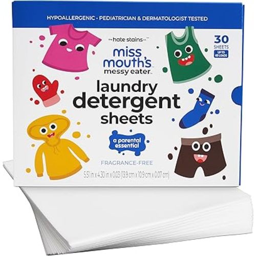 Miss Mouth's Messy Eater Laundry Detergent Sheets - Laundry Detergent, Hypoallergenic, Sensitive Skin Safe, Pediatrician and Dermatologist Tested, Fragrance Free, Travel Friendly