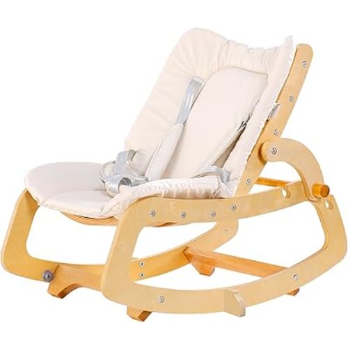 MallBest 3-in-1 Baby Bouncer Adjustable Wooden Rocker Chair Recliner with Removable Cushion and Seat Belt for Infant to Toddler (Beige)