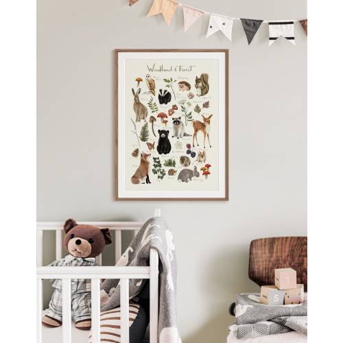 Woodland Animal Poster, Baby's Room Forest Wall Decor, Woodland Nursery Art Print, Woodland Flowers Foliage, Fall Autumn Gift for New Baby,