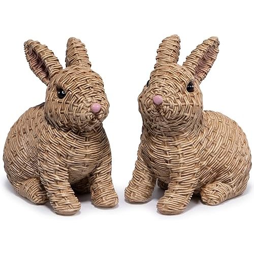 Hodao Set of 2 Woven Easter Bunny Figurines - 4.8" Tall White Rabbit Resin Sculptures with Handcrafted Wicker-Style Design for Easter and Spring Home Décor (Brown Set 2)