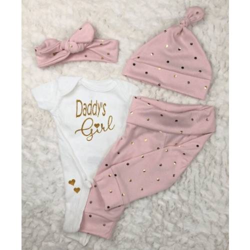 Sparkle Daddy's Girl Baby Outfit, Newborn, Coming Home, Little Girl, Pink, Gold Glitter Dots, Leggings, Pants, Bodysuit, Hat, Headband
