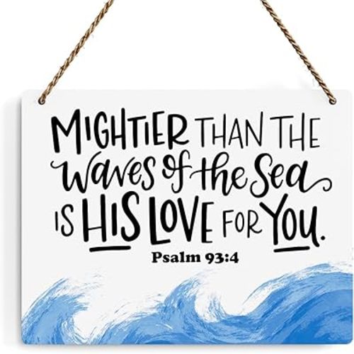 Inspirational Nautical Decor Mightier Than The Waves of The Sea Psalm 93:4 Scripture Wooden Hanging Sign Christian Gift for Baby Kids Girl Boy Nursery Teen Room Bible Verse Wall Art 10 x 8 Inches