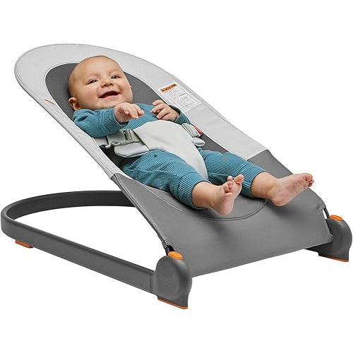 Boon Slant Portable Baby Bouncer - Folding Baby Seat for Infants - Lightweight Portable Baby Chair with Machine Washable Fabric and 3-Point Harness - Gray