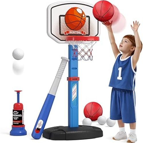 2 in 1 Kids Basketball Hoop and T Ball Set - Adjustable Height, Kids Baseball Tee with Automatic Pitching Machine, Indoor Outdoor Sport Toys Gifts for Toddler Boys Girls Age 1-5, Blue