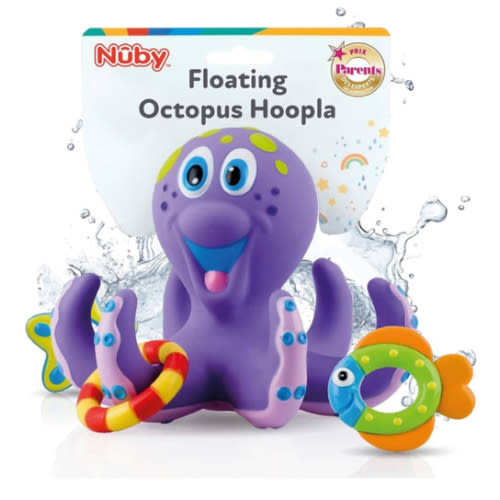 Nuby Floating Octopus Toy with 3 Hoopla Rings - Baby Bath Toy for Boys and Girls - 18+ Months - Purple (Pack of 1)