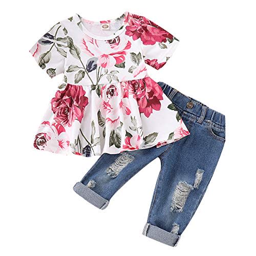 CARETOO Girls Clothes Outfits Cute Baby Girl Floral Long Sleeve Pant Set Flower Ruffle Top