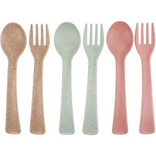 Toddler Utensils Silverware Set Kids Forks and Spoons Cutlery for 1 2 3 Year Old Self Feeding Training Toddler Eating Set 6 Piece Wheat Straw Pink Green Beige