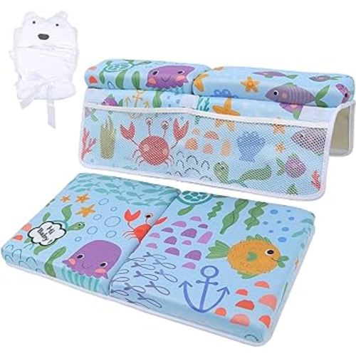 YGLOLRAME Baby Bathtub Bath Kneeler and Elbow Rest Pad with Toy Organizer Pockets Thickened Bath Kneeling Pad for Baby Toddler Bathing Mat Parents Quick Drying, Foldable, Non-Slip, Blue