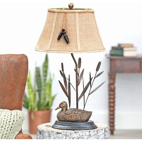 BLACK FOREST DECOR Duck with Reeds Table Lamp - Rustic Lodge Lamp with Burlap Shade