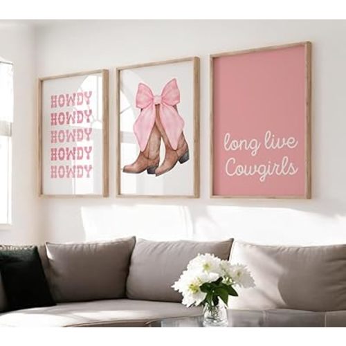 3 Pieces Cowgirl Boot Print Pink Howdy Canvas Poster Print Pink Bow Boots Wall Art Painting for Bathroom Bedroom Teen Girl Room Decor Unframed