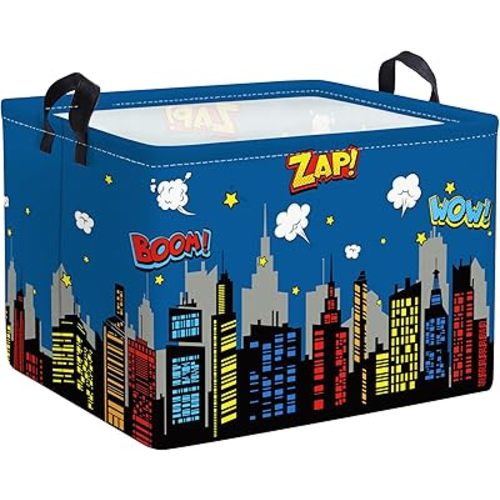 Clastyle 36L Large City Skyline Blue Book Shelf Basket Hero Comic Zap Wow Boom Gift Basket for Kids Room Nursery Rectangle Building Silhouettes Toy Clothes Storage Bin