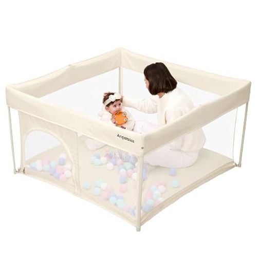 Foldable Baby Playpen 50"×50", Out-of-the-Box Ready Playpen for Babies and Toddlers, Portable Play Yard with Breathable Mesh & ASTM F406 Certified (Beige)