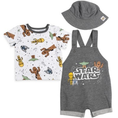 Star Wars Chewbacca R2-D2 Yoda Baby French Terry Short Overalls T-Shirt and Hat 3 Piece Outfit Set Newborn to Infant, Color: R2-d2, gray, Size: 3-6 months