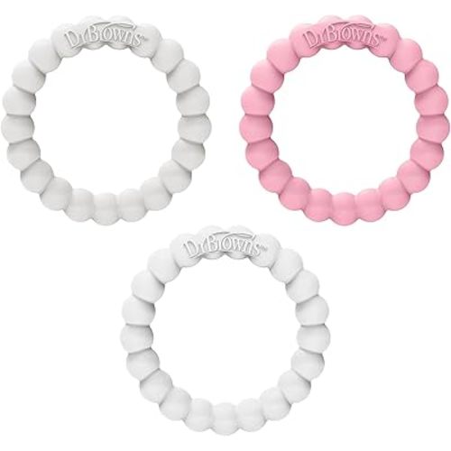 Dr. Brown's Flexees Beaded Teether Rings, 100% Silicone, Soft & Easy to Hold, Encourages Self-Soothe, 3 Pack, Pink, White, Gray, BPA Free, 3m+