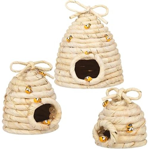 Jutom 3 Pcs Bee Hive Decor Honey Bee Tiered Tray Decor Summer Spring Honeybee Decorations Mini Jute Farmhouse Beehive for Kitchen Table Shelf Home Coffee Bar Themed Party(Straw Color)