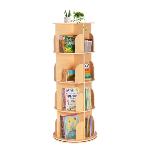 OOOK Rotating Bookshelf for Kids & Adults, Spinning Bookshelf Tower with Large Capacity for Small Space, 360° Display 4 Tier Floor Small Round Corner Shelf for Library, Bedroom, Living Room, Office