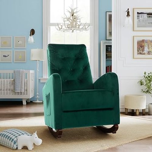 Cozy Velvet Reclining Rocking Chair with Side Storage Pocket, Comfortable Button Tufted Rocker, Elegant and Functional Rocking Recliner Chair, Ideal for Living Room & Nursery, Emerald