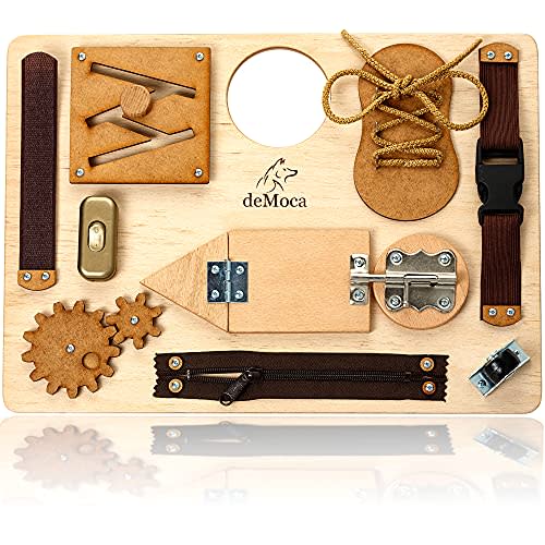 deMoca Montessori Busy Board for Toddlers, Sensory Toy with 10 Preschool Educational Activities to Develop Fine and Basic Motor Skills, Kids Learning Travel Toy for Plane and Car, Boy & Girl Gift