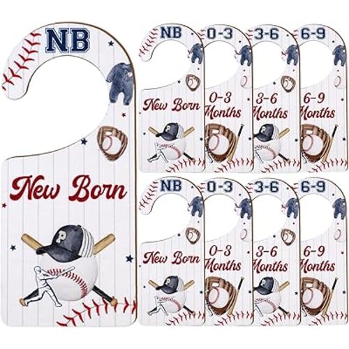 Baby Closet Dividers 8PCS, Baseball Theme Wooden Double-Sided Clothes Size Hanger Organizer from Newborn to Toddler for Nursery Decor Baby Shower Birthday Gift
