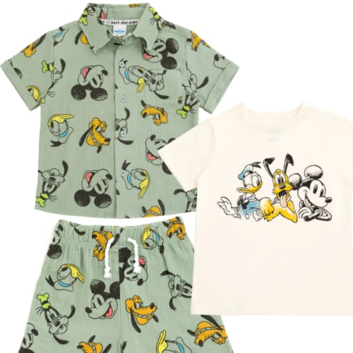 Disney Mickey Mouse Cotton Gauze Button Down Shirt, T-Shirt and Shorts 2 Piece Outfit Set (Green)