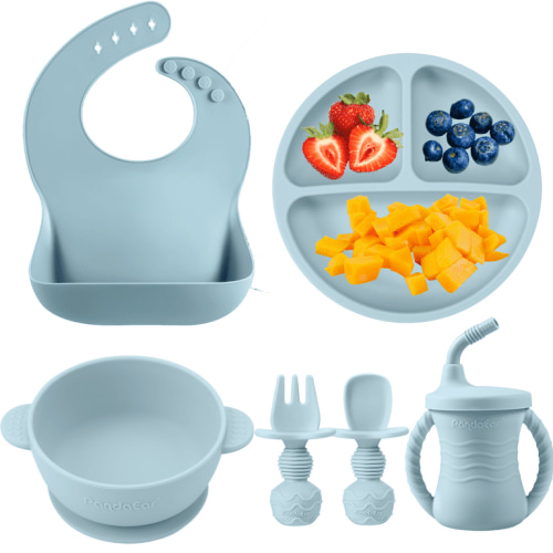 PandaEar Silicone Baby Feeding Set, Baby Led Weaning Supplies with Adjustable Bib, Suction Bowl, Suction Divided Plate, Straw Cup, Spoon & Fork, Toddler Infant Self Eating Utensil Set(Blue))