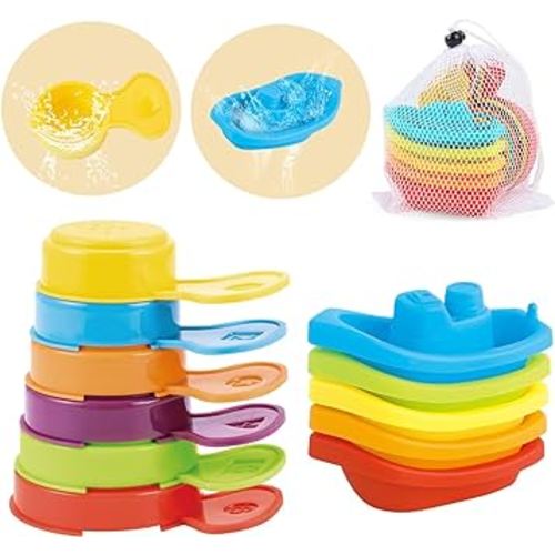 Mold Free Bath Toys for Toddlers 1-3, 11PCS Rainbow Floating Boats with Bathing Spoon & Mesh Bag Storage, Water Table Toys for Infants 6-12 Months, Stacking Pool Beach Toys Idea Gift for Boys Girls