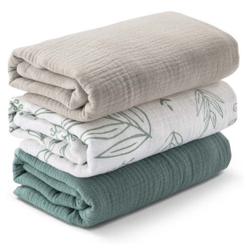 Gllquen Baby 3-Pack Muslin Organic Cotton Swaddle Blankets for Newborn Infant Boys Girls 38"x40", Eucalyptus