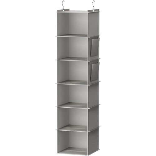 Hanging Closet Organizer and Storage, 6-Shelf Closet Hanging Shelves | Sturdy Bamboo Structure Cloth Hanging Storage, Sweater Organizer, 11.8” x 11.8” x 47.2”, Light Grey