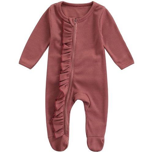Ayalinggo Newborn Baby Girl Footie Waffle Knit Romper Zippers Ruffle Jumpsuit Fall Winter Clothes