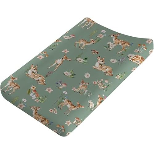 Spring Woodland Animal Changing Pad Cover Deer Mushroom Flowers Leaves Forest Baby Nursery Diaper Changing Pad Sheets for Boy Girl Soft Breathable Stretch Fitted Changing Table Sheets Mats 32''x16''