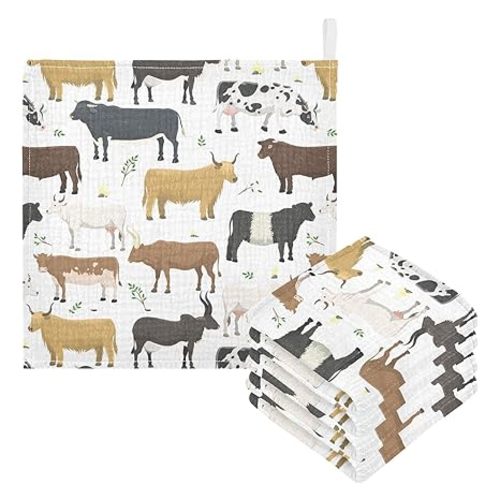 Baby Washcloths Cotton Bulls Cows Cattle Baby Muslin Washcloths Soft Baby Face Towel for Newborn Infants Baby Wipes, 11.8 X 11.8 Inch, 3 Pack White