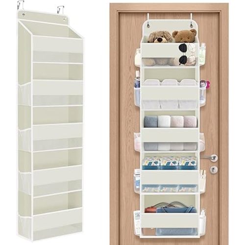 1 Pack Over The Door Organizer, Hanging Storage Organizer with Clear Window, 40lb Ultra Sturdy Large Capacity Room Organizer for Pantry Bathroom Nursery Closet Baby Essential (Beige)