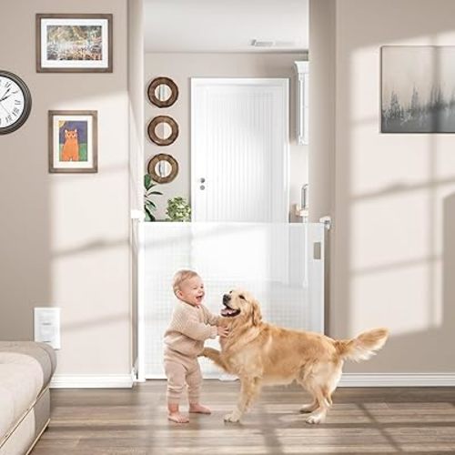 Babepai Retractable Baby Gates for Stairs, Retractable Dog Gate for Indoor/Outdoor Use | Child Gates for Doorways, Deck, Porch, Hallways, Patio (White, 55" Wide 34" Height)